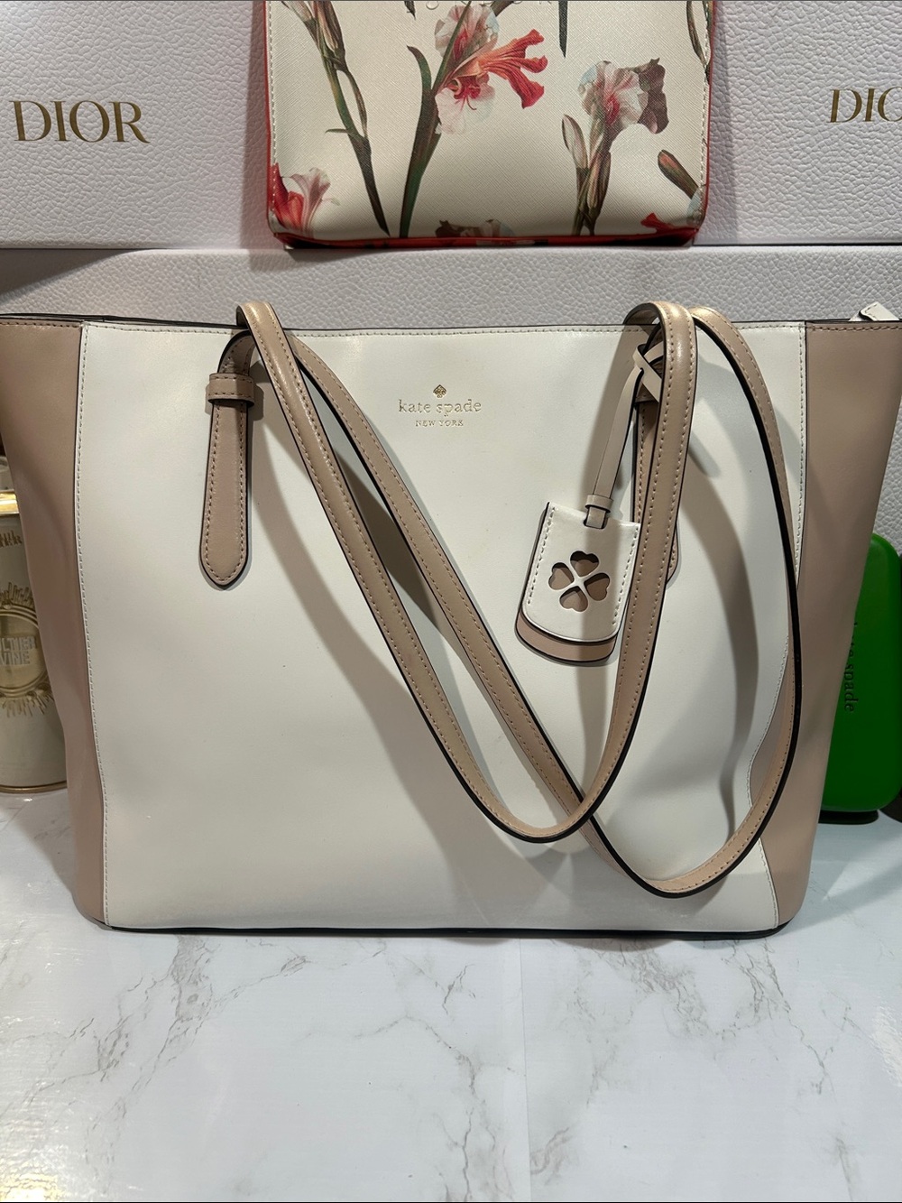 Kate Spade Schuyler Cream and Beige Leather Tote with Charm